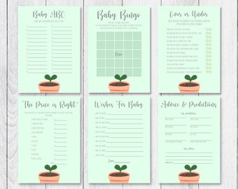 Pode incluir: Um conjunto de seis cartões de jogo de chá de bebê imprimíveis com um esquema de cores verde e branco. Os cartões apresentam uma ilustração fofa de uma planta em vaso com uma joaninha. Os jogos incluem Baby ABC, Baby Bingo, Mais ou Menos, O Preço Certo, Desejos para o Bebé e Conselhos e Previsões.