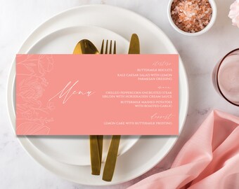 Boho Floral Outline Wedding Menu, EDITABLE Template, Simple Elegant Coral Pink Customizable Templett
