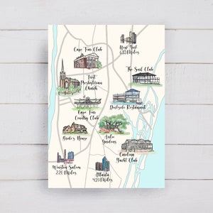 May include: A hand-drawn map with illustrations of buildings and landmarks, including Cape Tear Club, The Surf Club, Dockside Restaurant, Bride's House, Airlie Gardens, Carolina Yacht Club, First Presbyterian Church, Winston-Salem 220 Miles, Atlanta 439 Miles, and New York 633 Miles.