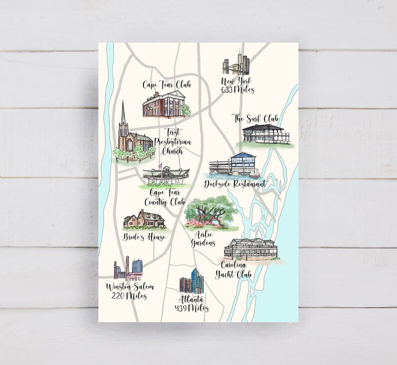 May include: A hand-drawn map with illustrations of buildings and landmarks, including Cape Tear Club, The Surf Club, Dockside Restaurant, Bride's House, Airlie Gardens, Carolina Yacht Club, First Presbyterian Church, Winston-Salem 220 Miles, Atlanta 439 Miles, and New York 633 Miles.