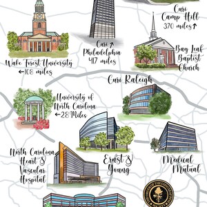 May include: A watercolor illustration of landmarks in North Carolina, including Wake Forest University, University of North Carolina, North Carolina Heart & Vascular Hospital, NC Chamber, Ernst & Young, Medical Mutual, Bay Leaf Baptist Church, and a skyscraper labeled "Curi Philadelphia 417 miles".