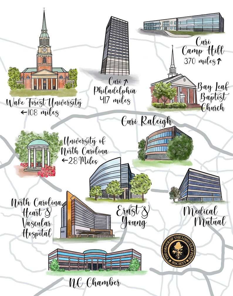 May include: A watercolor illustration of landmarks in North Carolina, including Wake Forest University, University of North Carolina, North Carolina Heart & Vascular Hospital, NC Chamber, Ernst & Young, Medical Mutual, Bay Leaf Baptist Church, and a skyscraper labeled "Curi Philadelphia 417 miles".