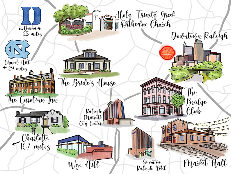 May include: A hand-drawn map of Raleigh, North Carolina, featuring landmarks like the Carolina Inn, the Bride's House, the Raleigh Marriott City Center, the Sheraton Raleigh Hotel, the Market Hall, the Bridge Club, and Holy Trinity Greek Orthodox Church. The map also includes directions to Durham and Chapel Hill.