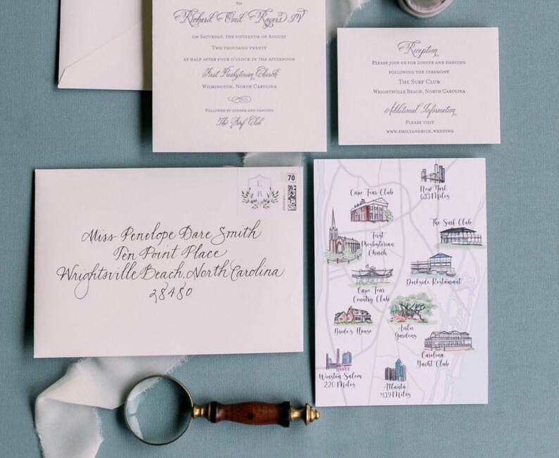 May include: A white envelope with a handwritten address for Miss Penelope Dare Smith, Ten Point Place, Wrightsville Beach, North Carolina 28480. The envelope has a stamp with a floral design and the number 70.