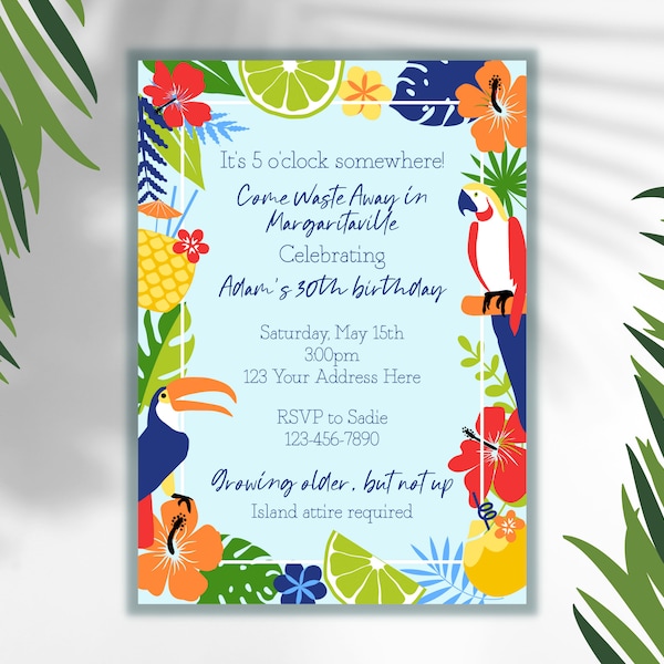 30th Birthday Margaritaville Invitation - EDITABLE Template. Customize For Your Tropical Hawaiian Beach Theme