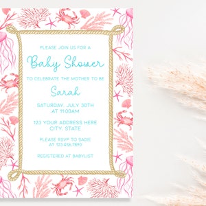 Coastal Baby Shower Invitation - EDITABLE Template. Pink Seashells & Coral For A Baby Girl, Customize For Your Nautical Beach Theme