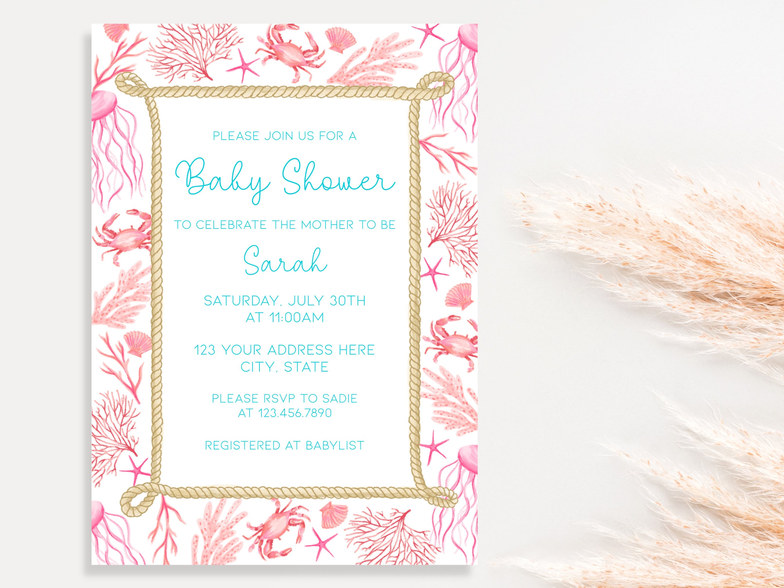 Coastal Baby Shower Invitation EDITABLE Template. Pink Seashells & Coral  for A Baby Girl, Customize for Your Nautical Beach Theme 