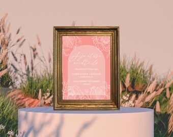 Boho Floral Outline Wedding Signature Cocktail Bar Sign, EDITABLE Template, Simple Elegant Coral Pink Customizable Templett