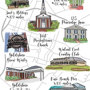 May include: A hand-drawn map with illustrations of various landmarks and locations in North Carolina. The map includes locations like Goldsboro Brew Works, First Presbyterian Church, Walnut Creek Country Club, Kure Beach Pier, Old Well, Pineridge Lane, and Zack's Hotdogs. Each location is accompanied by a distance in miles from the center of the map.