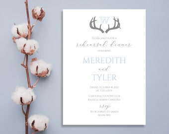 Simple Rustic Rehearsal Dinner or Wedding Invitation, EDITABLE Template, Elegant Minimal Antler Monogram Customizable Invitation Templett