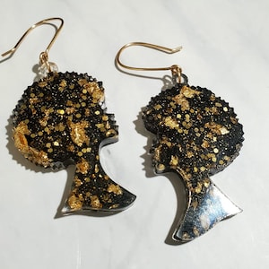 Black Girl Earrings - Afro Silhouette Earrings - Resin Statement Jewelry - Black & Gold Glitter Earrings - Handmade Afrocentric Art