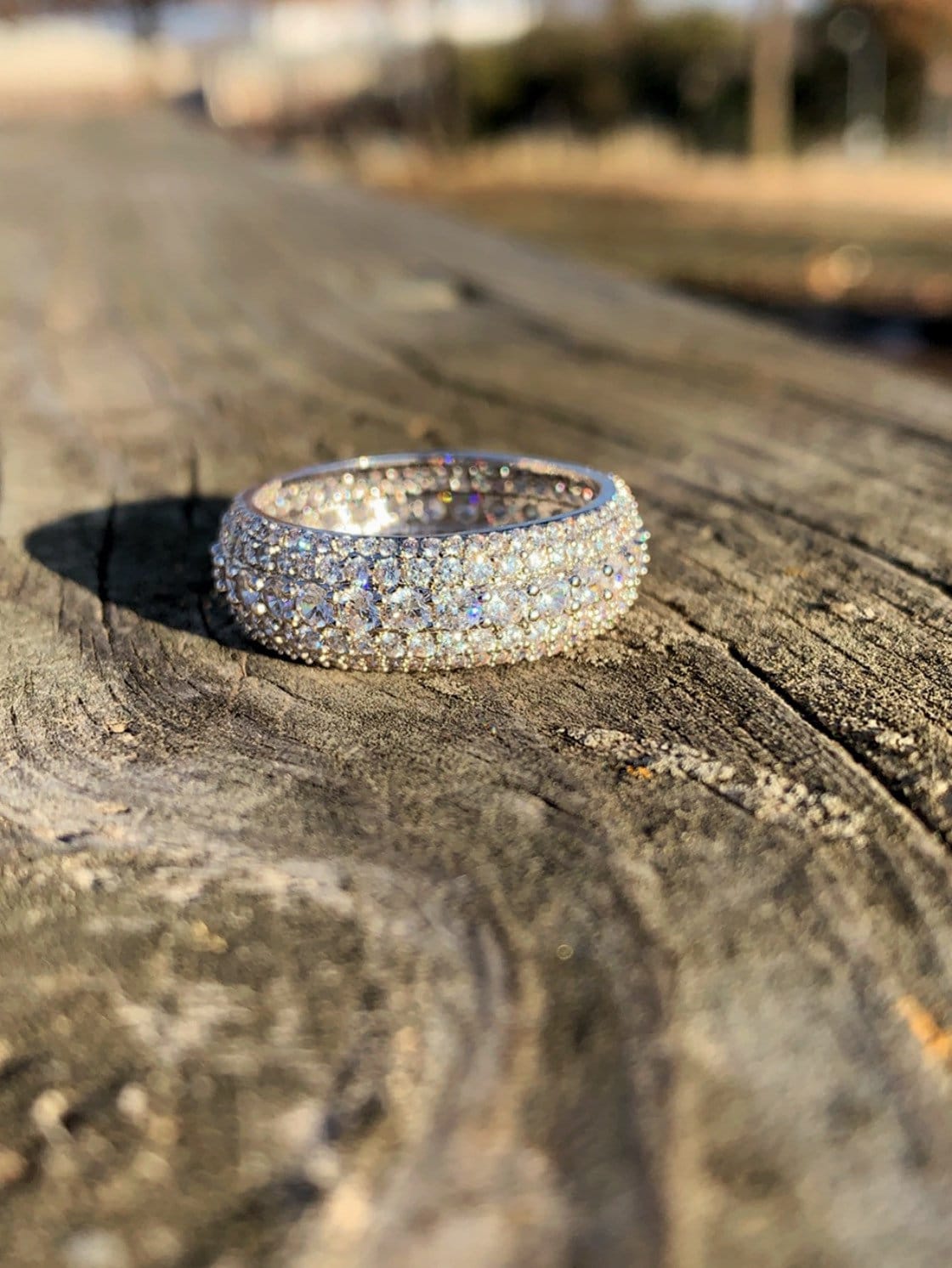 18K White GP Iced Out 5 Layered Band Ring Etsy