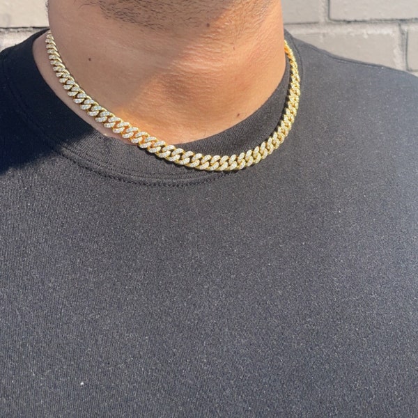 18K Gold Finish 8mm Iced Out Cuban Link Chain Choker Necklace