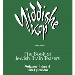 May include: A green book cover featuring the title "Middisha Kop" in white script. The book is titled "The Book of Jewish Brain Teasers, Volumes 1 to 6, 144 Questions." Published by Hazakah Productions.