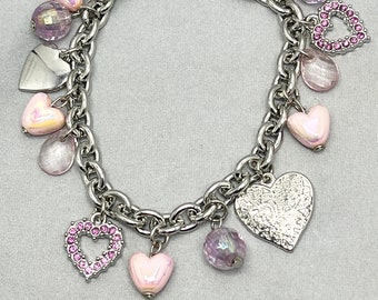 Vintage Pink Rhinestone Heart Charm Bracelet