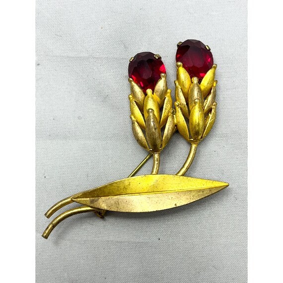 Vintage Estate Lisner Flower Crystal Rhinestone Bouquet  Estate Red Glass Rhinestone Flower Brooch Pin main image 2