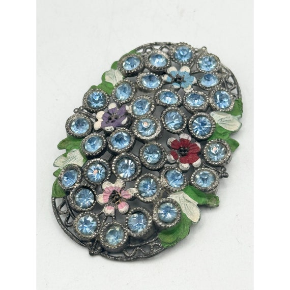 Estate art deco blue flower rhinestone brooch pin - image 4