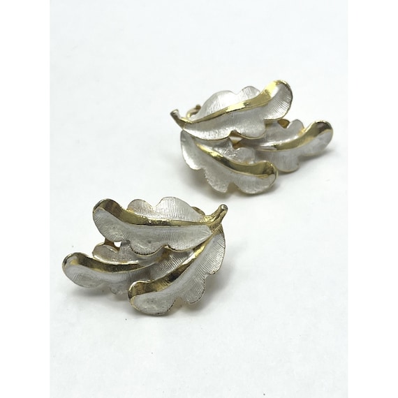 Vintage White Enamel Gold Leaf Earrings - image 1