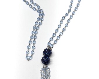 Vintage blue crystal beaded rhinestone tassel necklace
