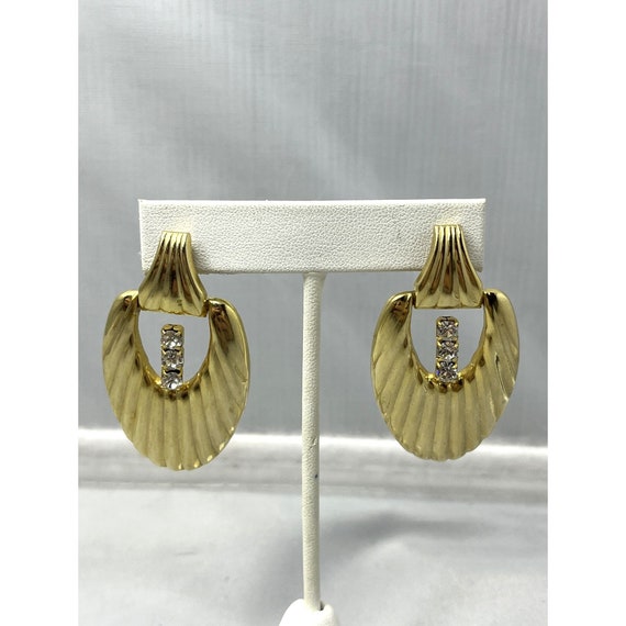 Vintage Rhinestone Dangle Gold Earrings - image 3