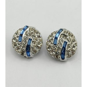 Vintage blue rhinestone circle clip on earrings