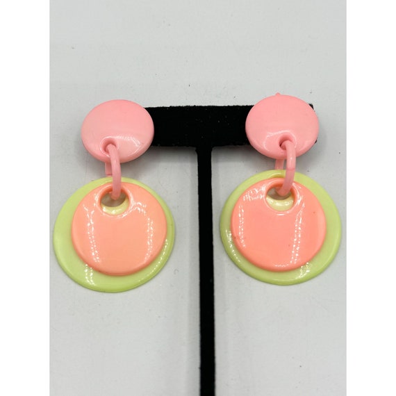 Vintage neon circle clip on dangle earrings - image 3