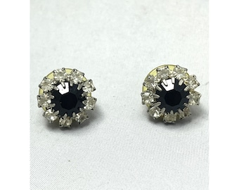 Vintage Black Rhinestone Flower Earrings