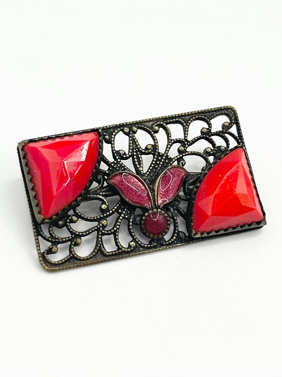 Antique estate enamel black stone brooch pin - image 5