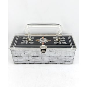 Vintage Estate Art Deco Floral Lucite Metal Woven Box Handbag Purse Bag