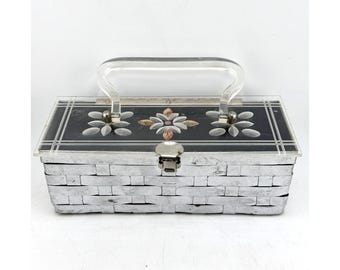 Vintage Estate Art Deco Floral Lucite Metal Woven Box Handbag Purse Bag