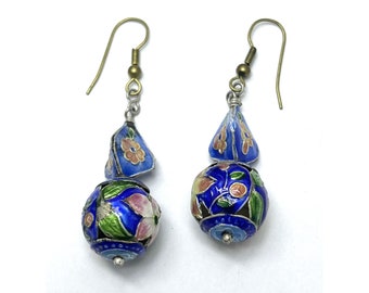 Pendientes colgantes florales de esmalte cloisonné vintage