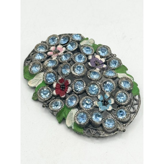 Estate art deco blue flower rhinestone brooch pin - image 1