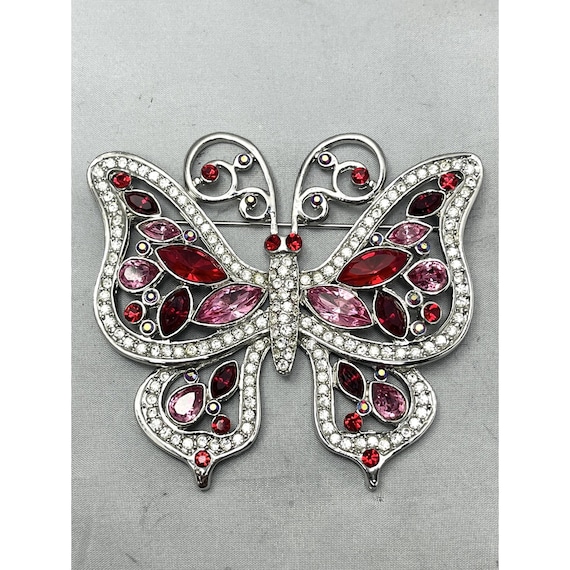 Vintage Pink Red Rhinestone Large Butterfly Brooch