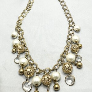 Vintage Gold Pearl Crystal Filigree Bead Charm Necklace