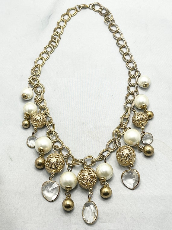 Vintage Gold Pearl Crystal Filigree Bead Charm Ne… - image 1