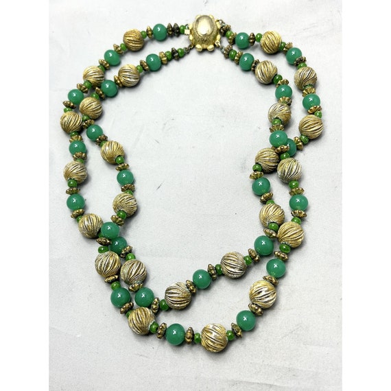 Vintage Green Glass Beaded Double Strand Necklace - image 2