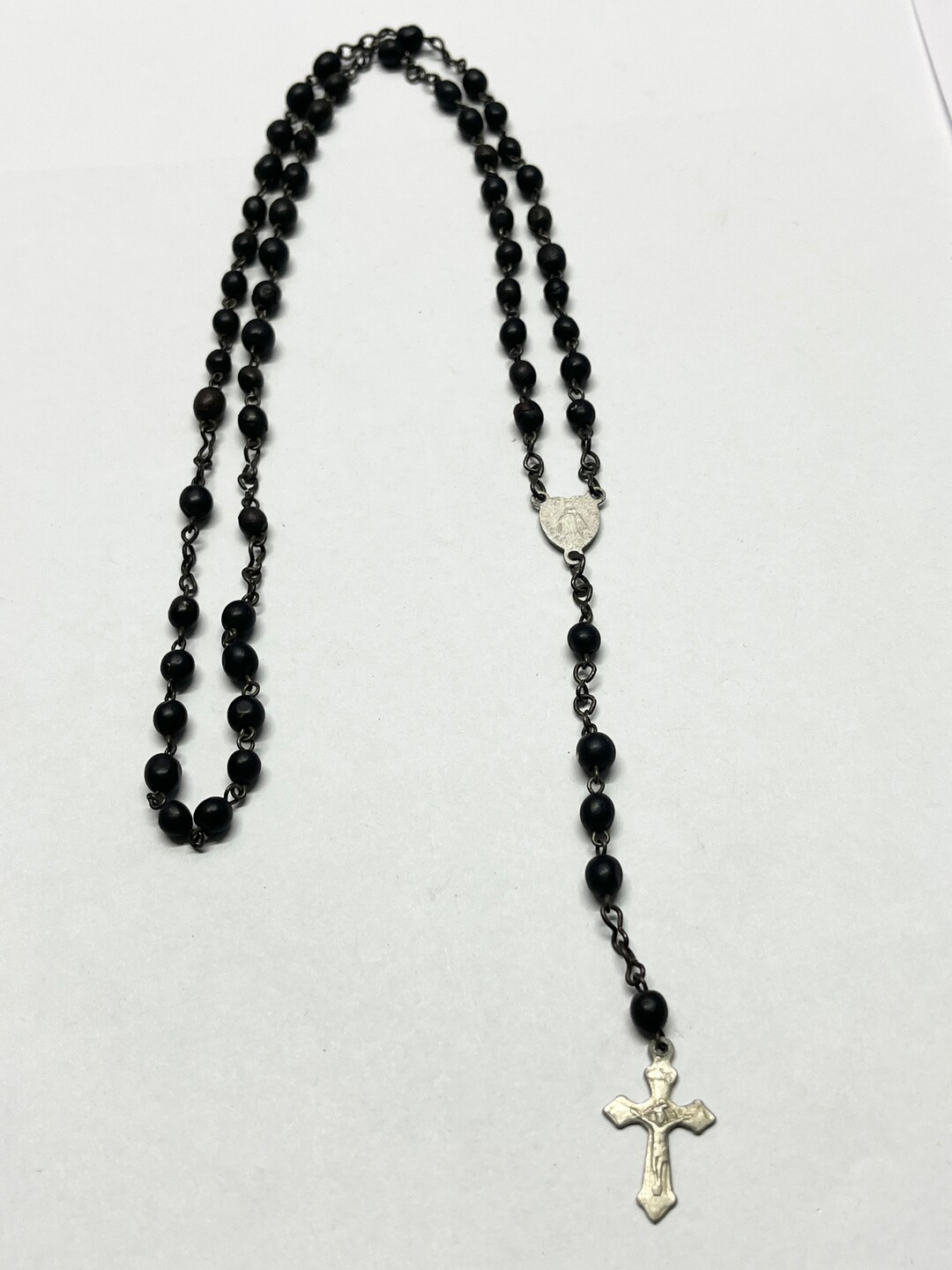 Vintage Black Beaded Rosary Necklace Etsy