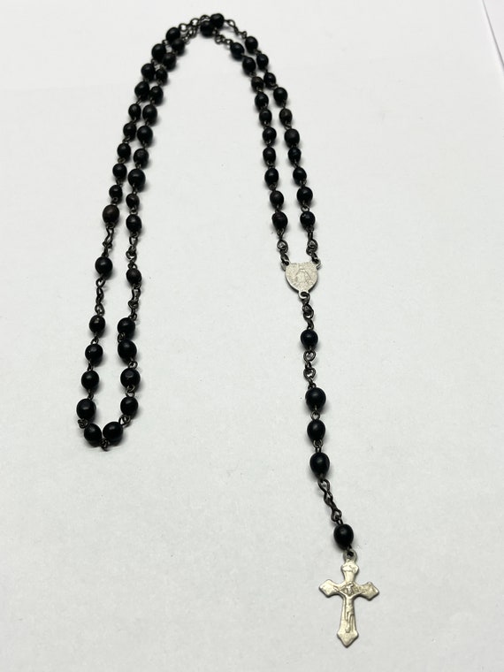 Vintage black beaded rosary necklace - image 1