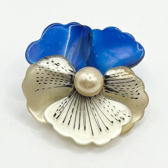 Vintage Blue Lucite Pearl Flower Brooch Pin - image 1