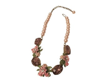 Vintage pink pearl crystal Flower Necklace