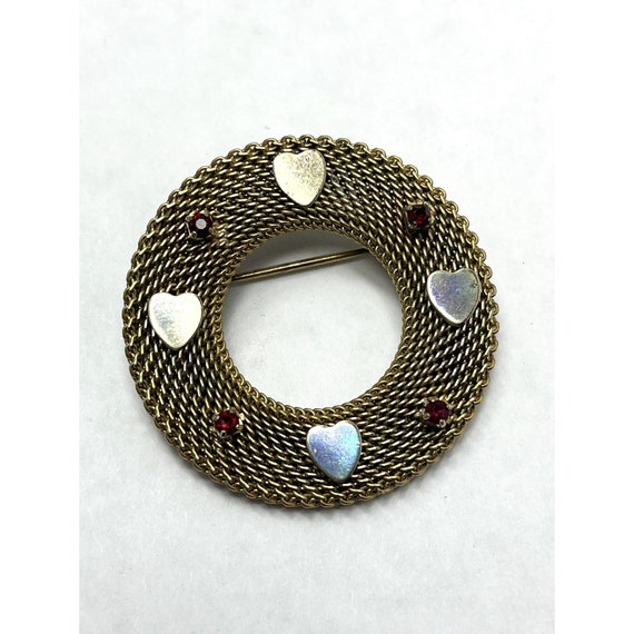 Vintage Gold Mesh Heart Rhinestone Brooch Pin - image 3