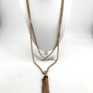 Vintage Sarah Coventry faux pearl multi chain tassel multi strand necklace