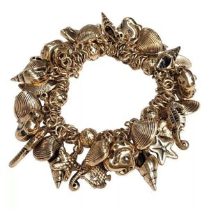 May include: A gold-toned charm bracelet featuring a variety of seashell and starfish charms. The bracelet is made of a chain link design and is perfect for adding a touch of summer to any outfit.