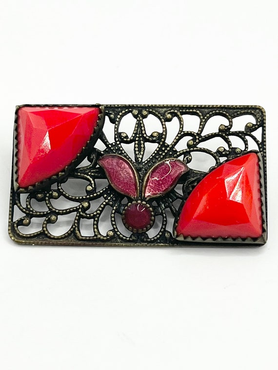 Antique estate enamel black stone brooch pin - image 1