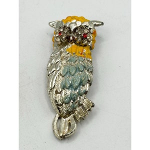 Vintage enamel rhinestone owl brooch pin