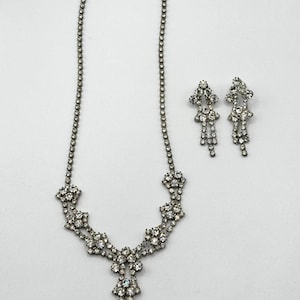 Vintage Silber Glas Strass Blumen Halskette & Ohrringe Schmuck-Set