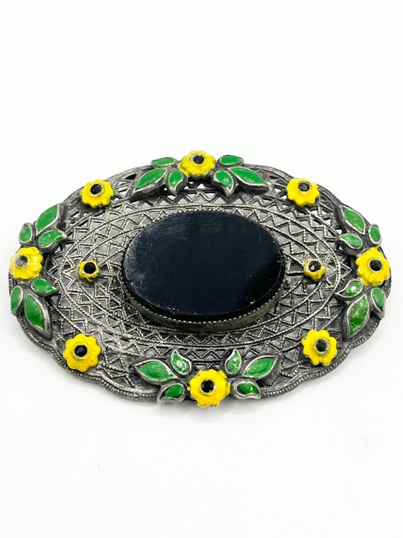 Antique estate enamel black stone brooch pin
