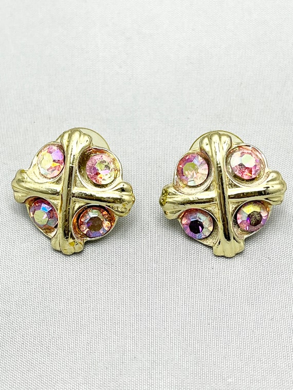 Vintage Pink AB Rhinestone Gold Earrings