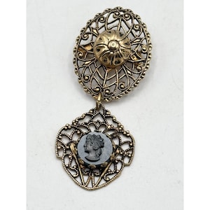 Vintage filigree black glass cameo dangle brooch pin