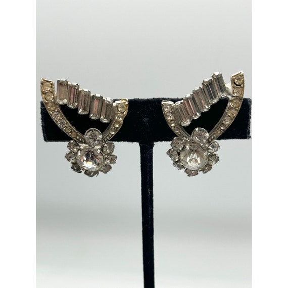 Vintage floral rhinestone silver clip on earrings - image 2